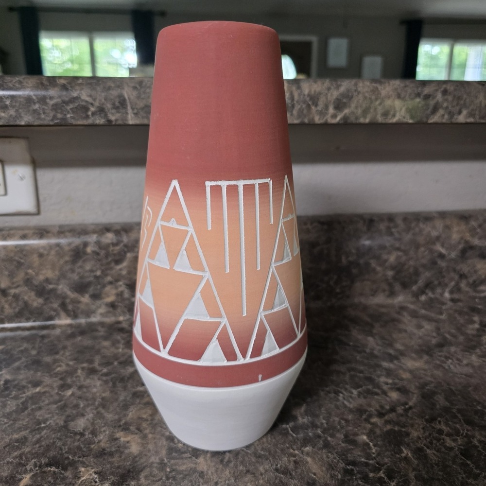 Signed Studio Pottery Vase Southwestern Geometric Carved Design Red Orange White - Picture 1 of 4
